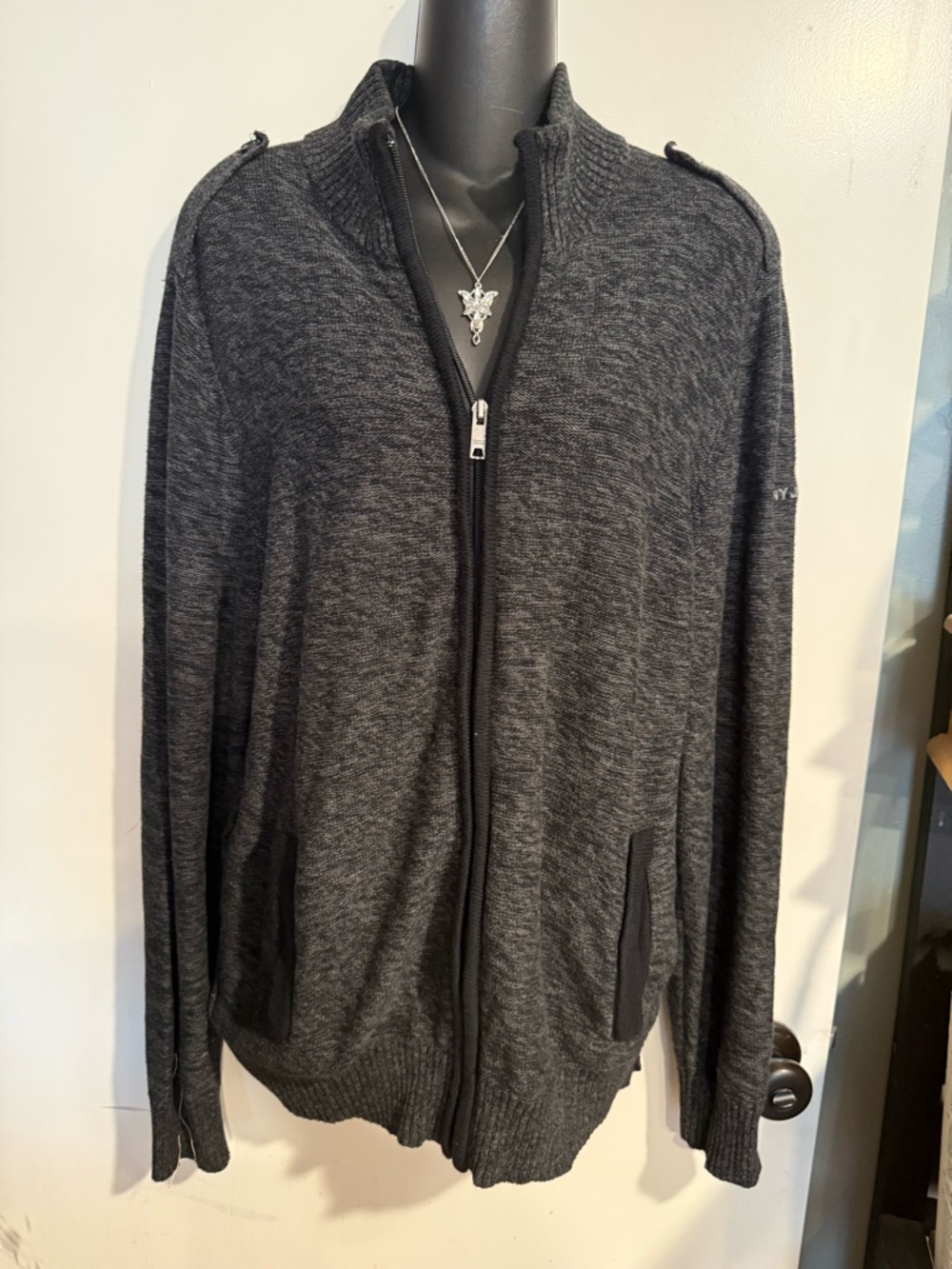 DKNY Jeans Men's Charcoal Full-Zip Knit Sweater Jacket with Pockets